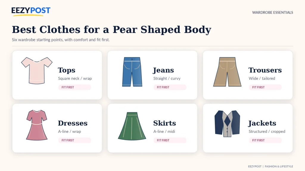 Illustrated tops jeans trousers dresses skirts and jackets arranged as six clothing categories