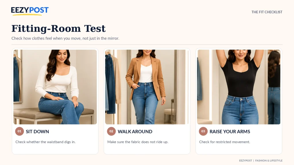 Three fitting-room photos show a woman sitting walking and lifting her arms to check clothing fit