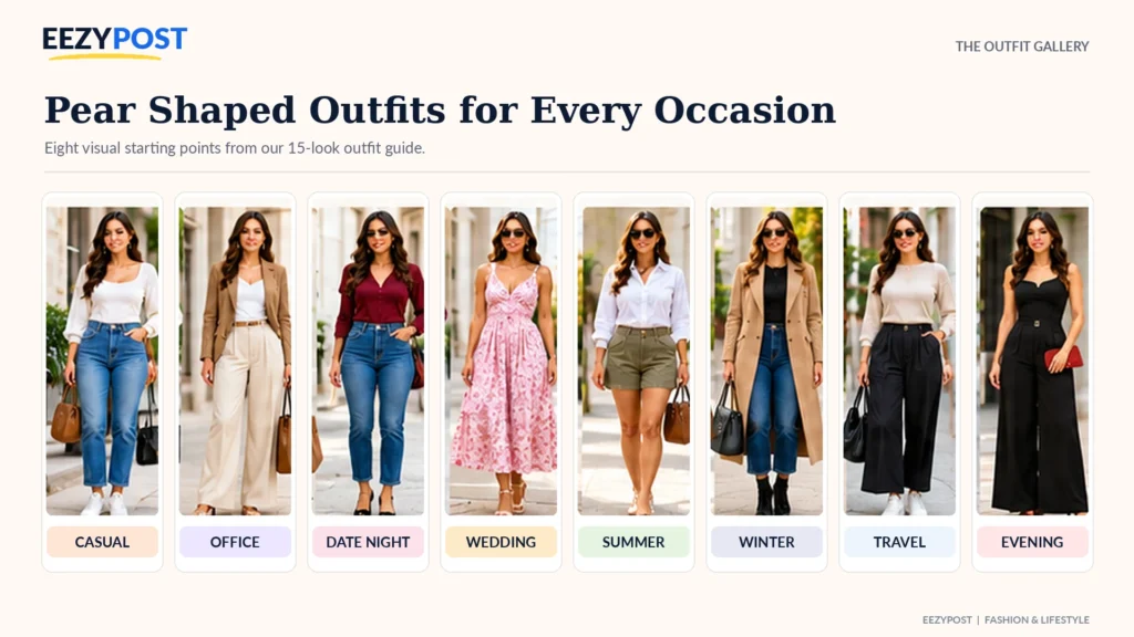 Fashion lineup with casual office date-night wedding summer winter travel and evening outfits