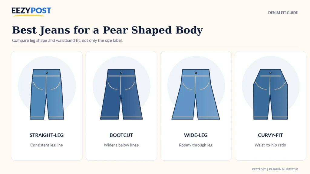 Illustrated comparison of straight leg bootcut wide leg and curvy fit blue jeans