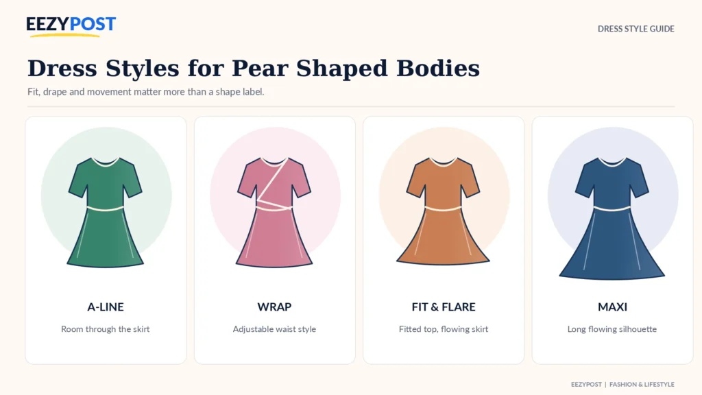 Illustrations of A-line wrap fit-and-flare and maxi dresses in green pink terracotta and navy