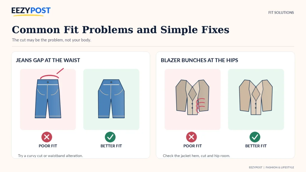 Side by side before and after illustrations show a jeans waist gap and blazer bunching at the hips