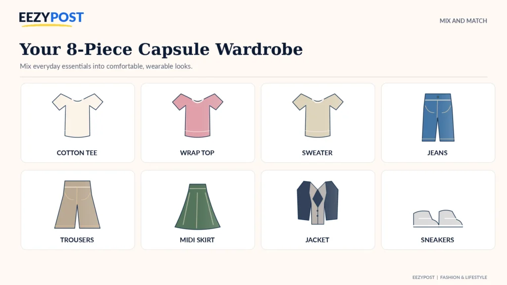 Eight illustrated wardrobe essentials including tops jeans trousers skirt jacket and sneakers