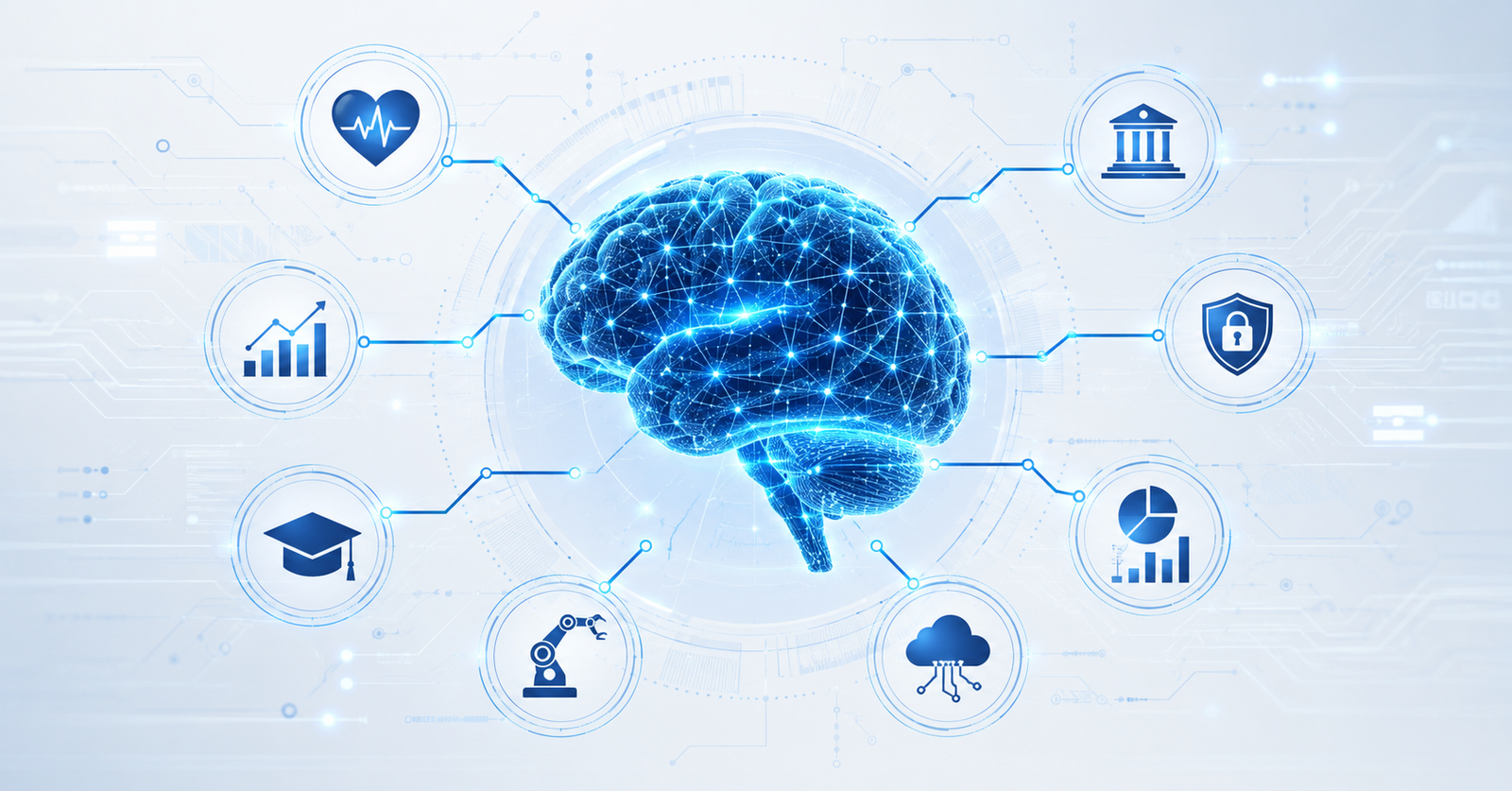 What is Artificial Intelligence concept showing a digital brain connected to healthcare, finance, education, cybersecurity, robotics, cloud computing, and data analytics.