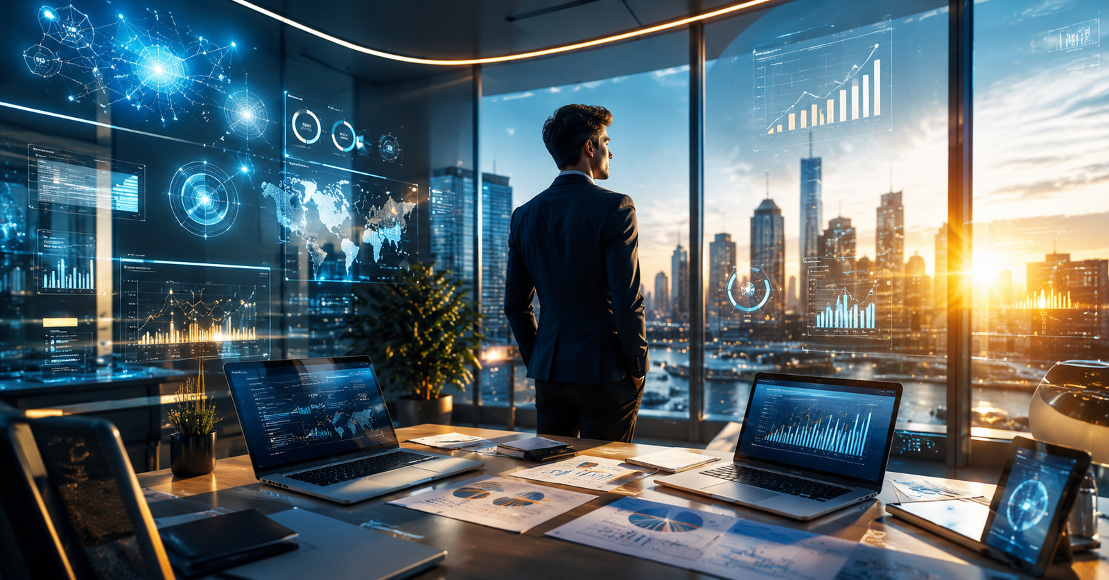 Entrepreneur planning business growth with modern technology and AI tools in 2026.