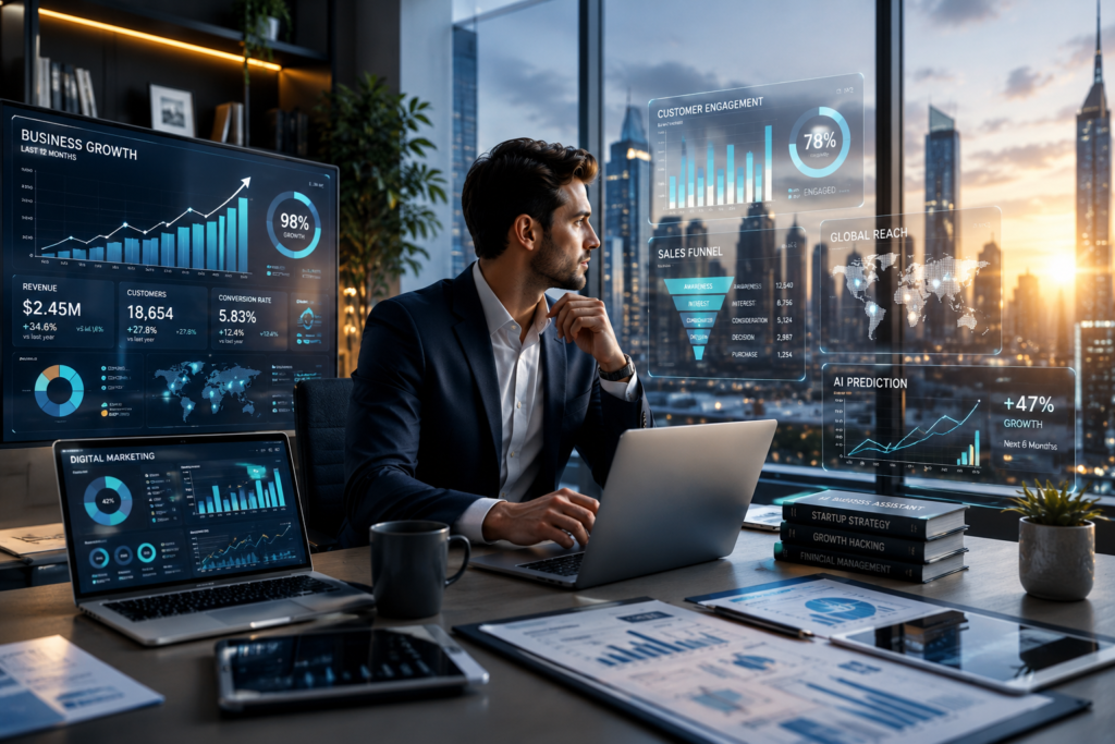 Entrepreneur using AI-powered business tools to grow a modern startup in 2026
