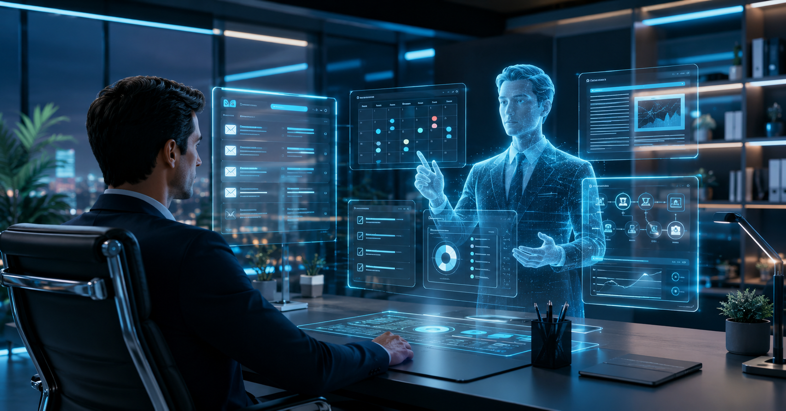 Personal Agentic AI digital assistant automating daily tasks in a futuristic workspace