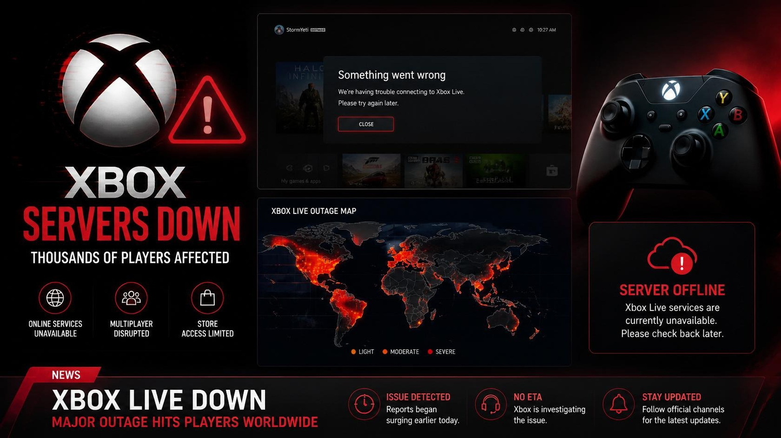 Xbox outage today affecting Xbox Live server status.