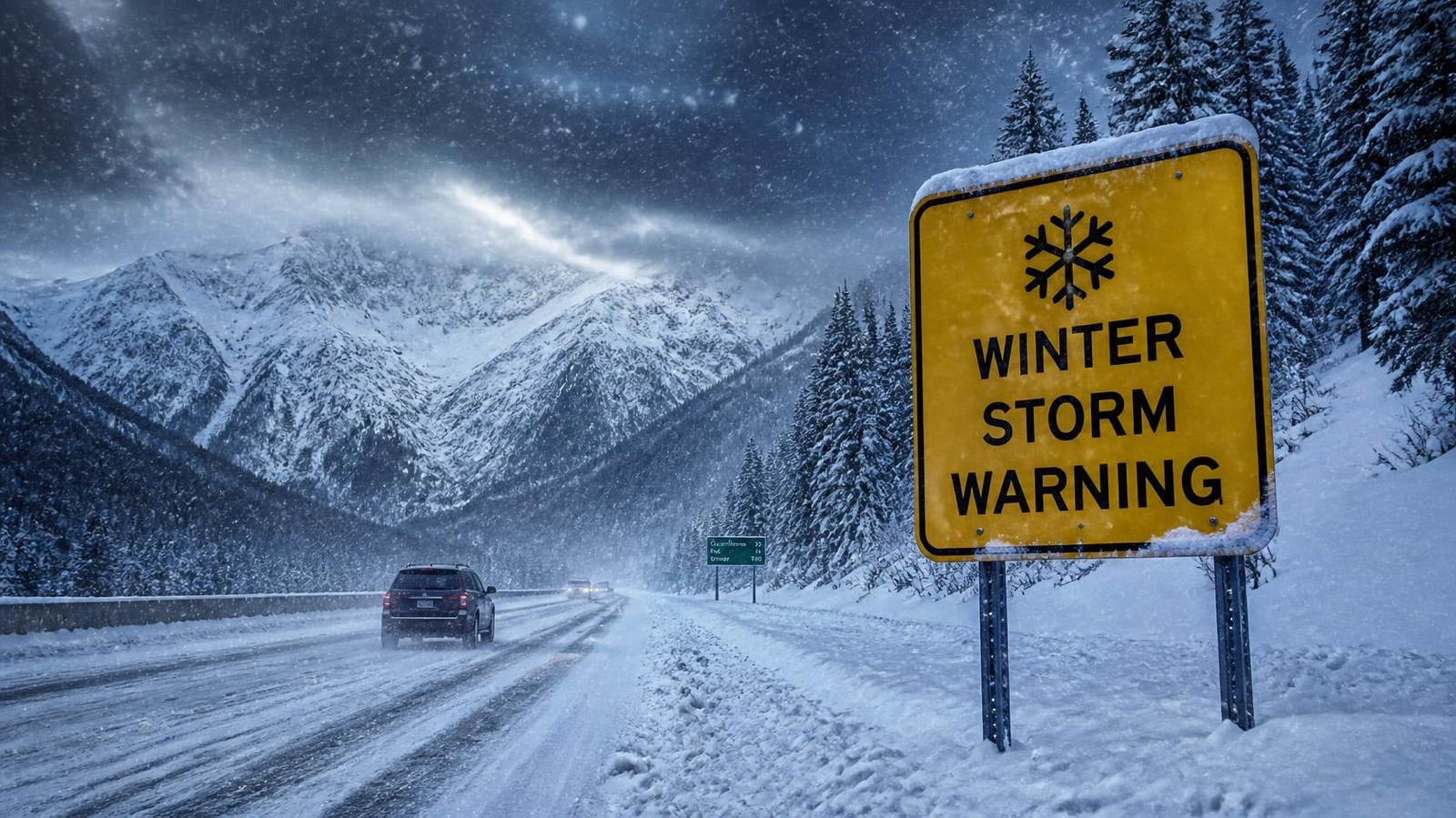 Winter Storm Warning sign during heavy snowfall and dangerous winter weather conditions