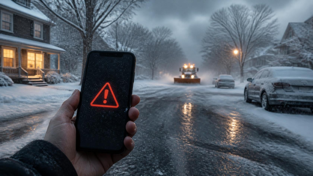 Winter Storm Warning weather alert before heavy snowfall in a residential neighborhood