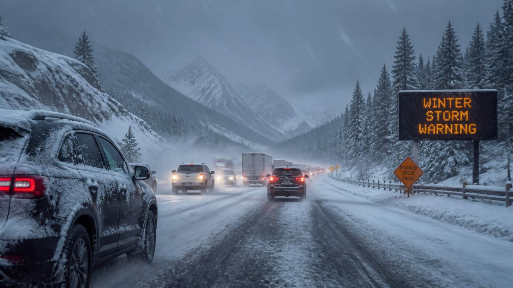 Vehicles driving through heavy snow during Winter Storm Warning
