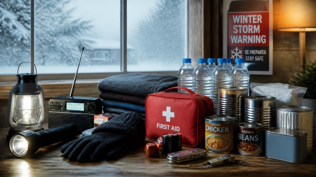 Emergency winter safety supplies during a Winter Storm Warning