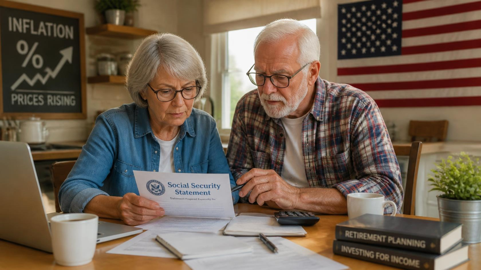 Retired couple reviewing Social Security 2027 COLA forecast and benefit estimate.