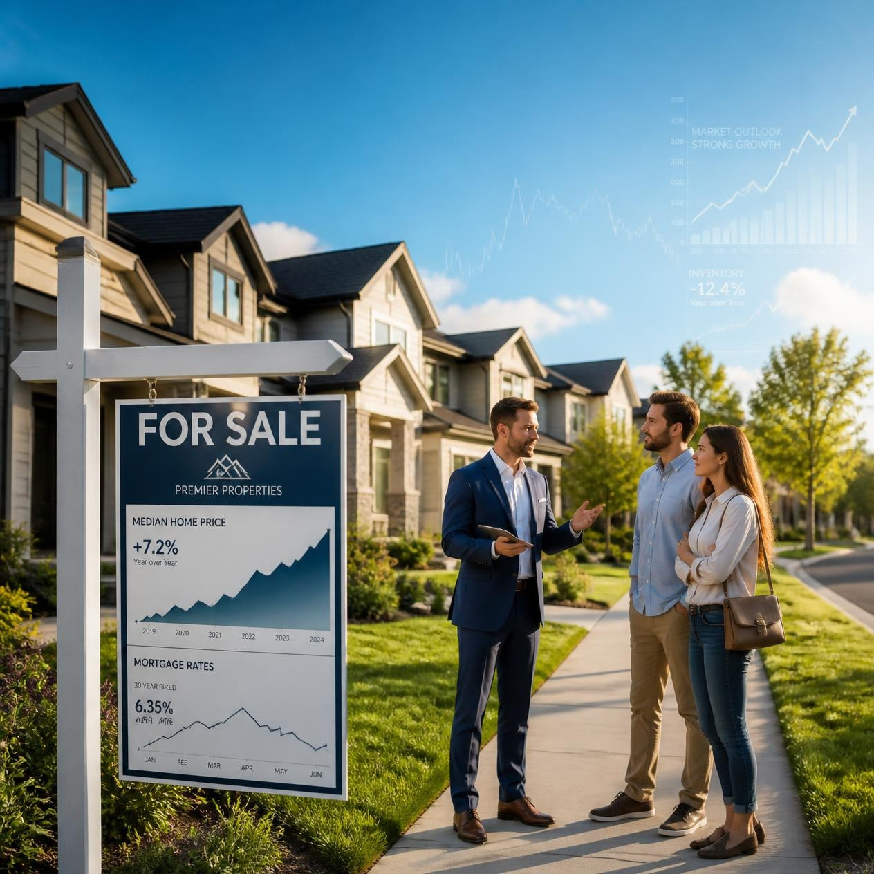 Housing Market Today showing modern homes, rising home prices, and mortgage rate trends