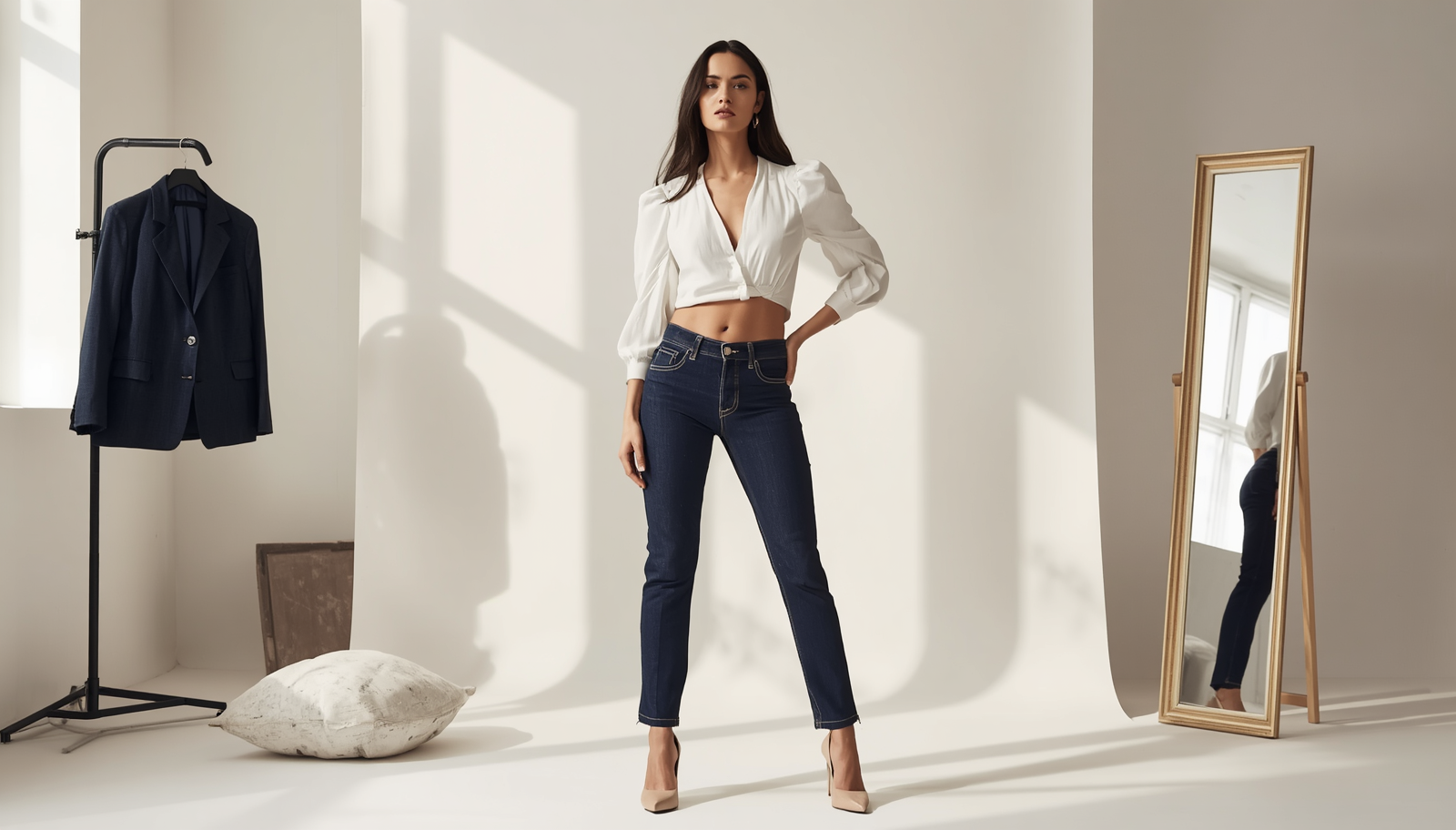 Pear shaped body outfits featuring a woman wearing a flattering white blouse with high-waisted dark jeans.