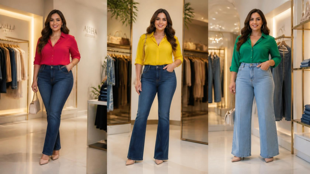 Straight-leg, bootcut and high-waisted wide-leg jeans for a pear shaped body