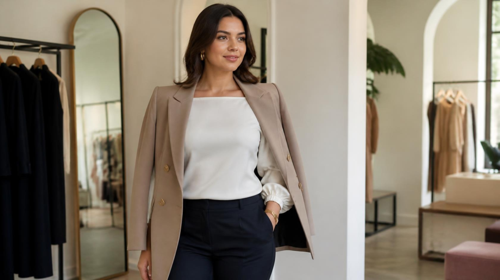 Best tops for a pear shaped body including structured necklines and statement sleeves