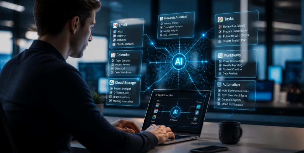 Professional creating a personal AI agent workflow for productivity and automation.