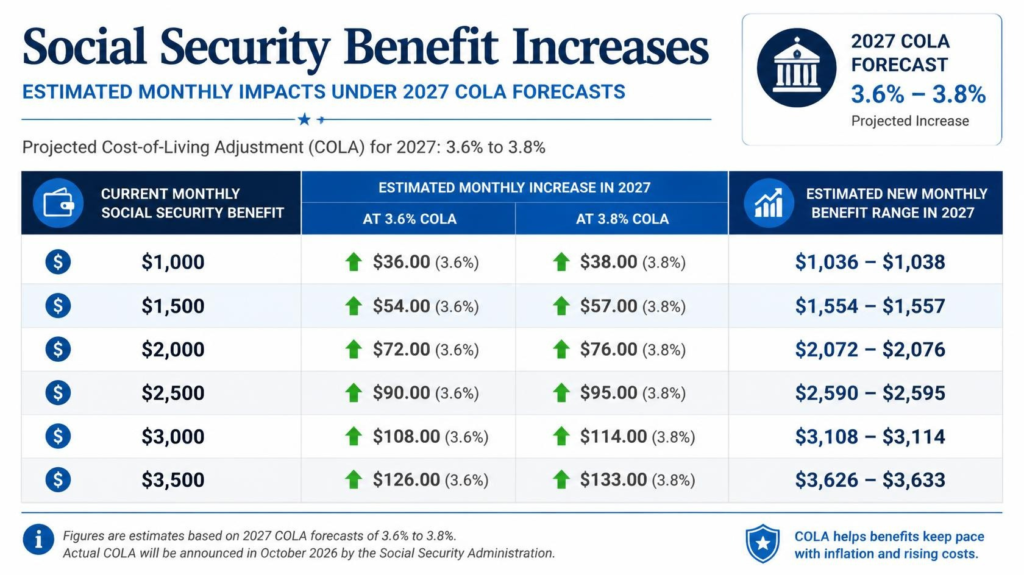 Estimated Social Security monthly benefit increases based on projected 2027 COLA forecasts.