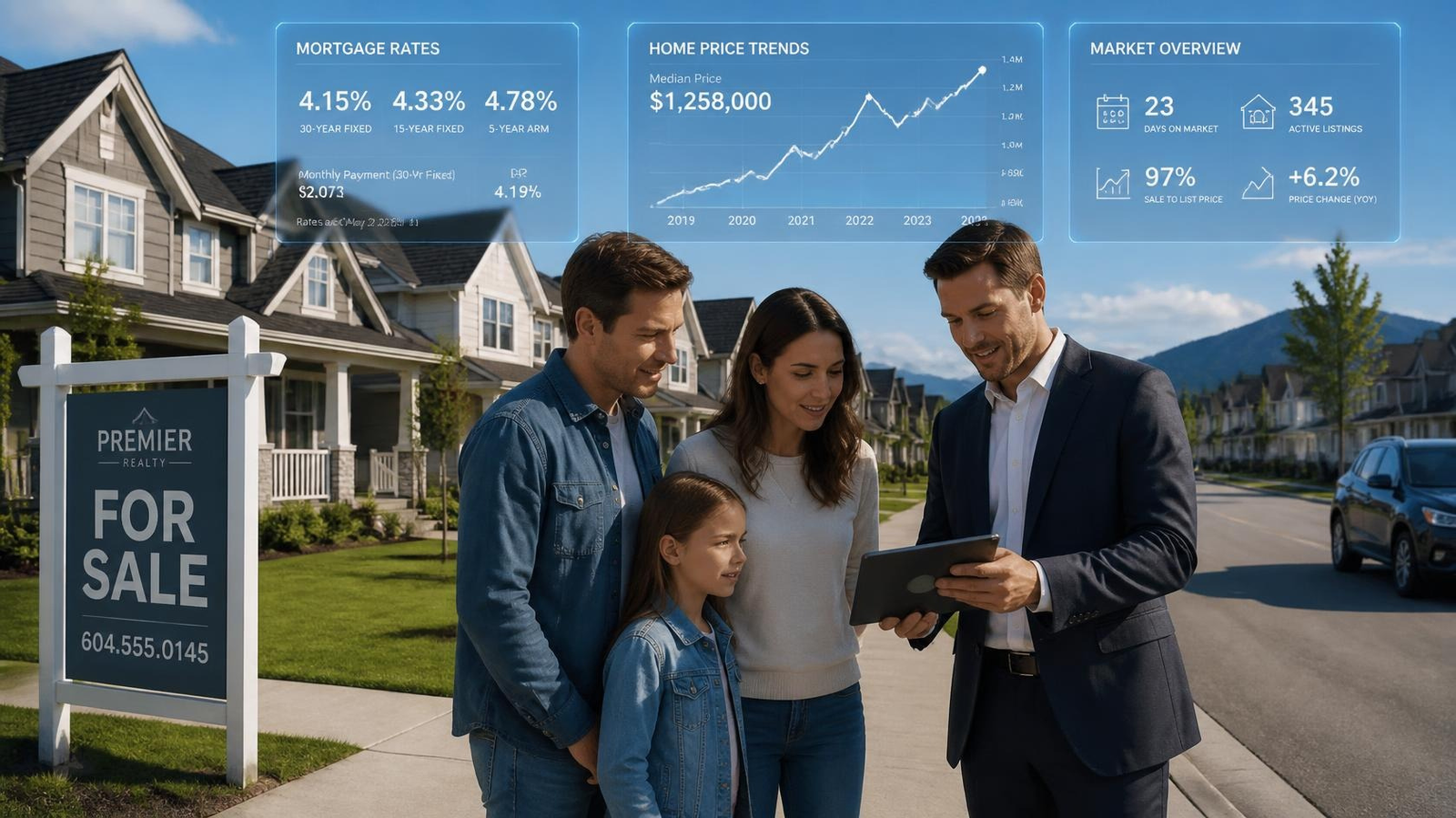 Editorial illustration showing today's housing market, home prices, and mortgage rate trends.