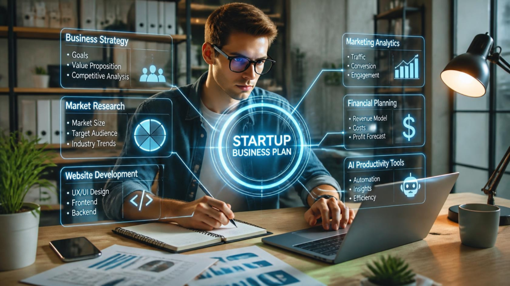 Entrepreneur planning a new business using market research, strategy, and AI-powered tools.