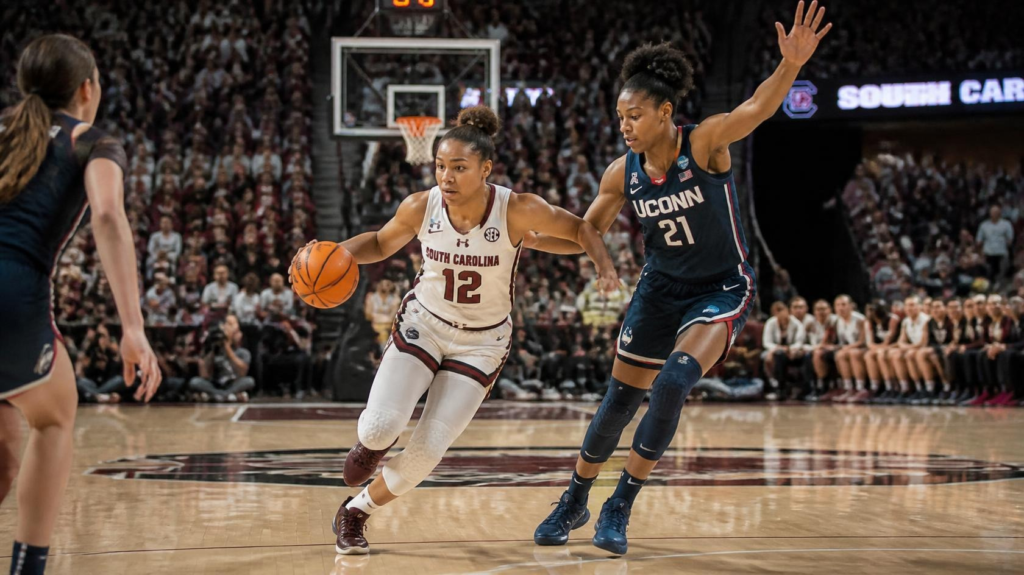 Action-packed women's basketball game featuring fast breaks, defense, and three-point shooting.