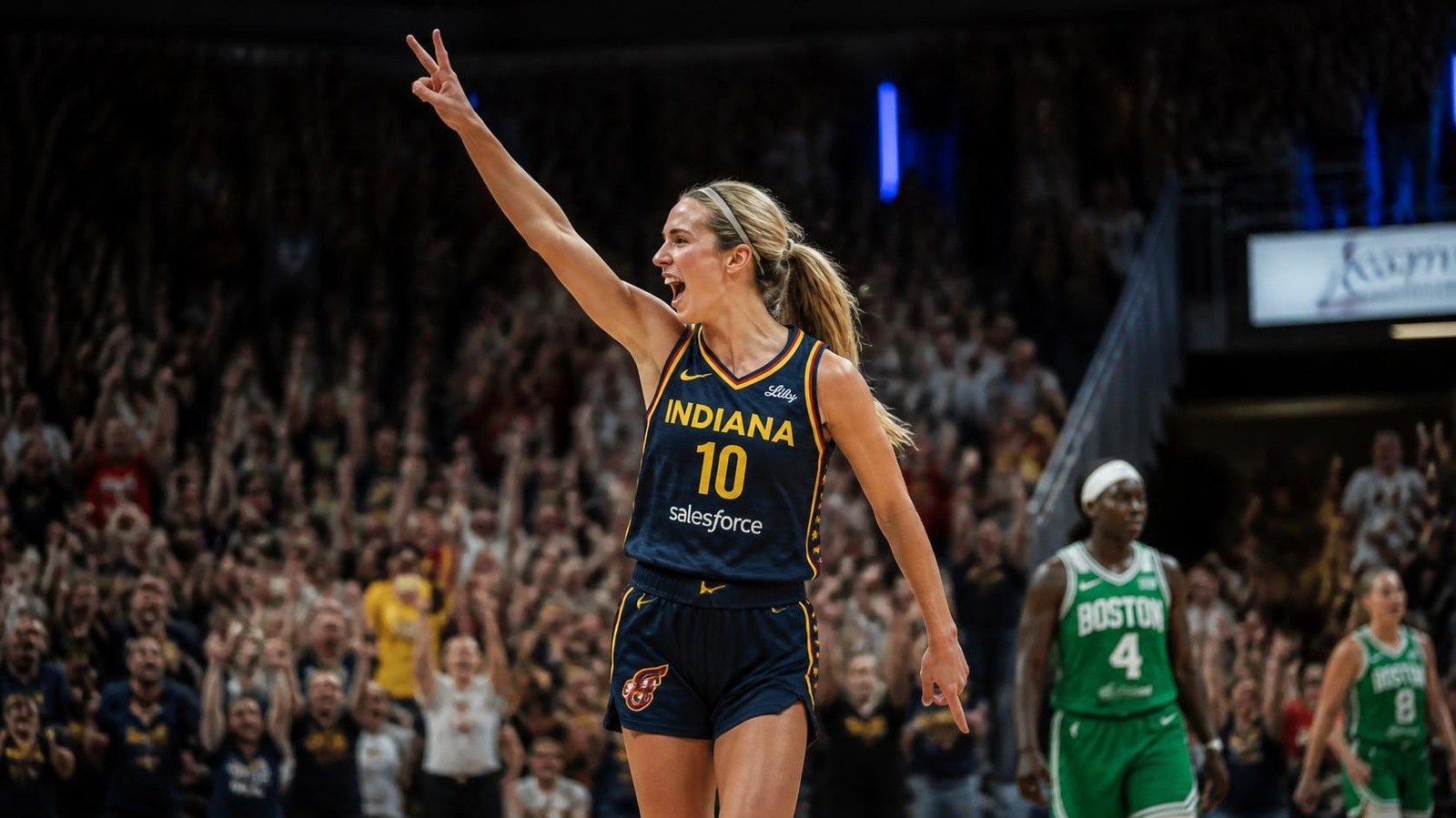 Editorial illustration of a WNBA player celebrating during the Indiana Fever vs Seattle Storm game.