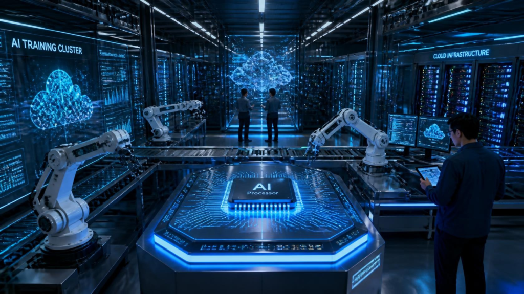 Modern AI data center powered by advanced semiconductor technology and artificial intelligence infrastructure.