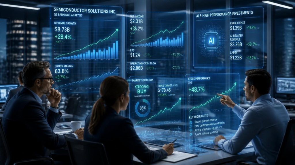 Financial analysts reviewing Intel's stronger-than-expected quarterly earnings and revenue growth.