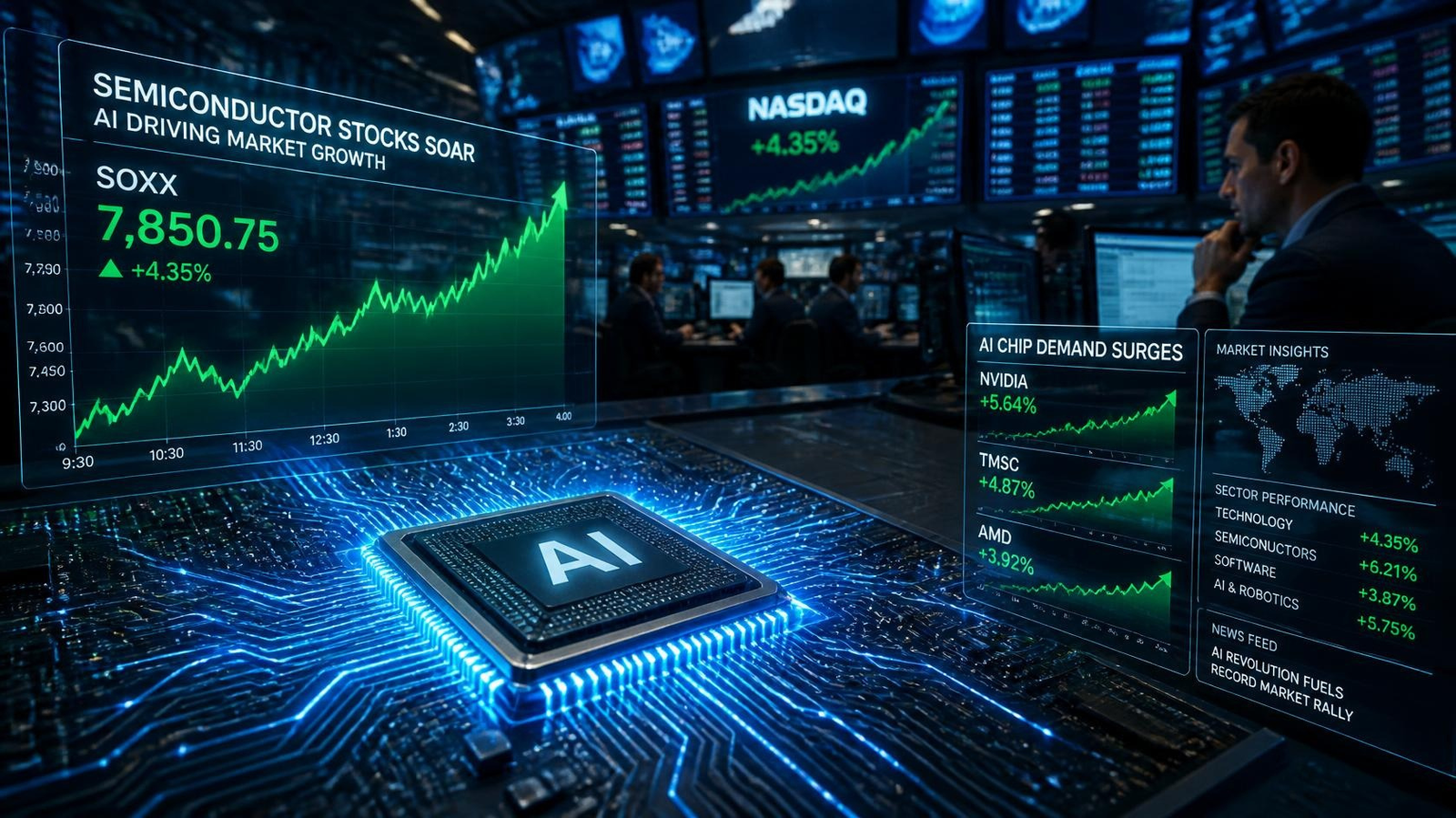 Editorial illustration of Intel stock rising after stronger-than-expected quarterly earnings and growing AI investment.