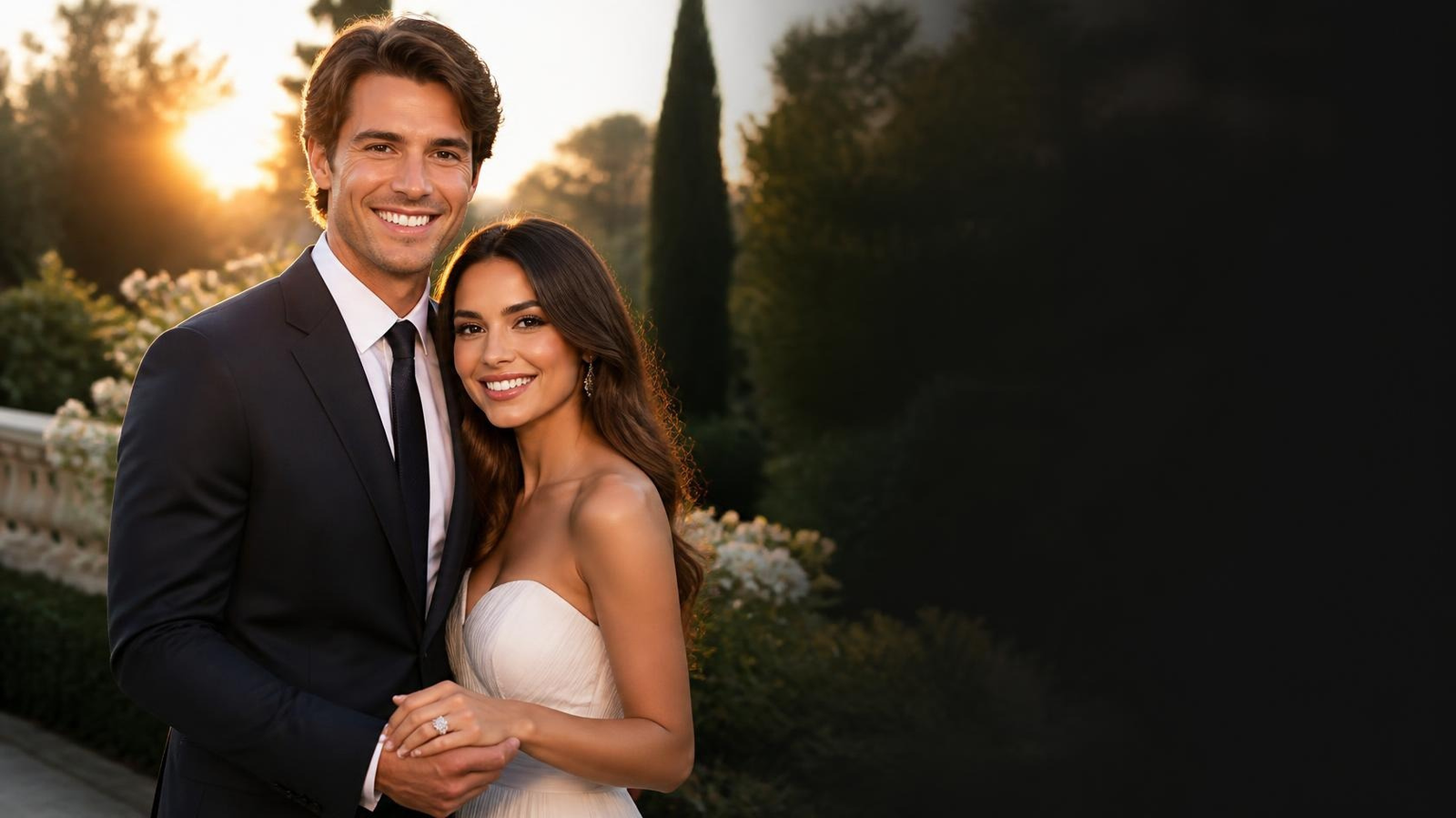 Madison Beer and Justin Herbert celebrating their engagement in a romantic outdoor setting.