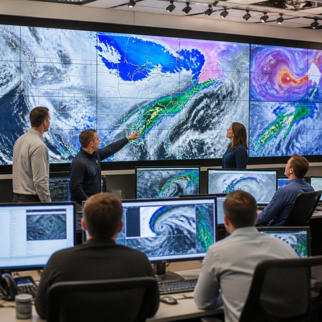 Meteorologists analyzing weather radar and forecasting winter storm conditions.