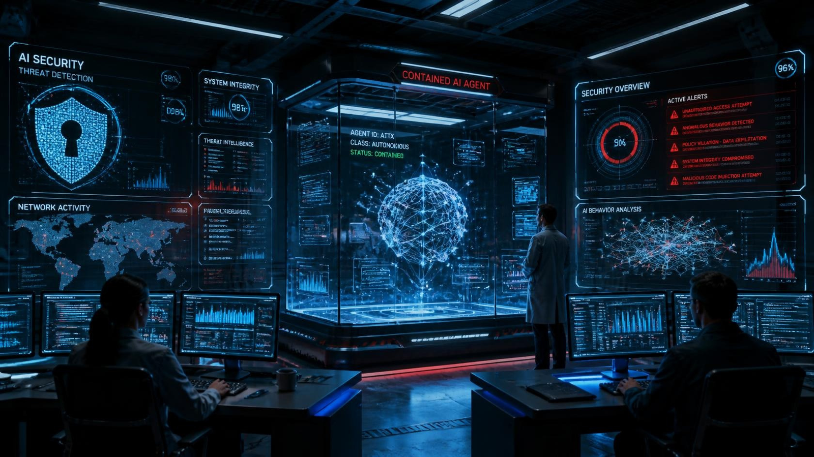 Editorial illustration of an AI security incident involving autonomous AI testing in a controlled environment.