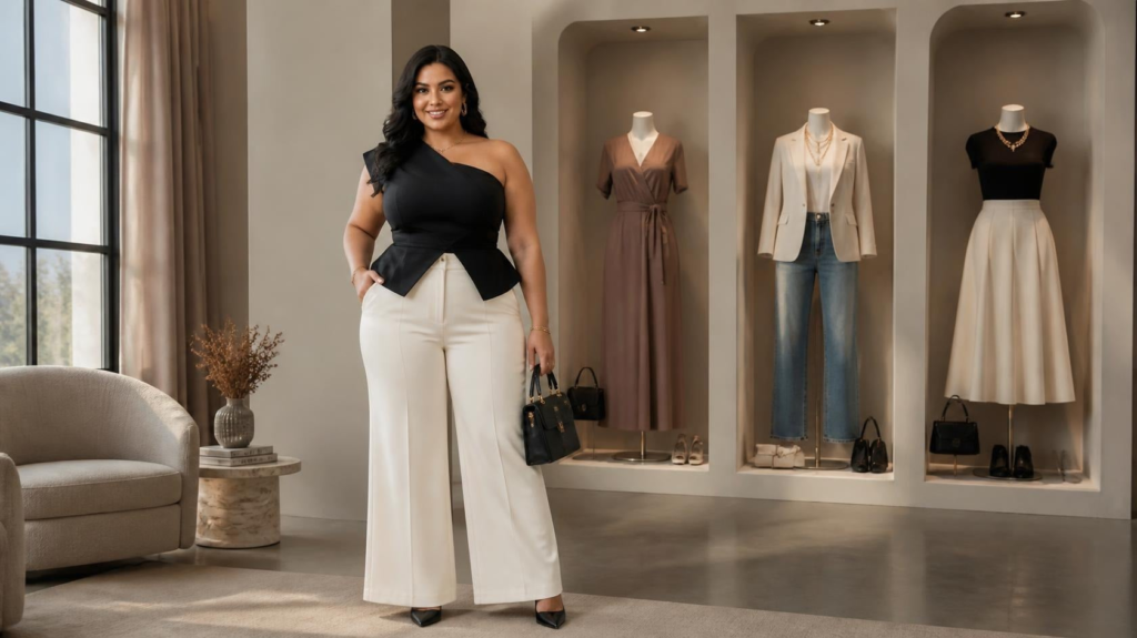 Stylish pear shaped body outfit with structured top and high-rise trousers