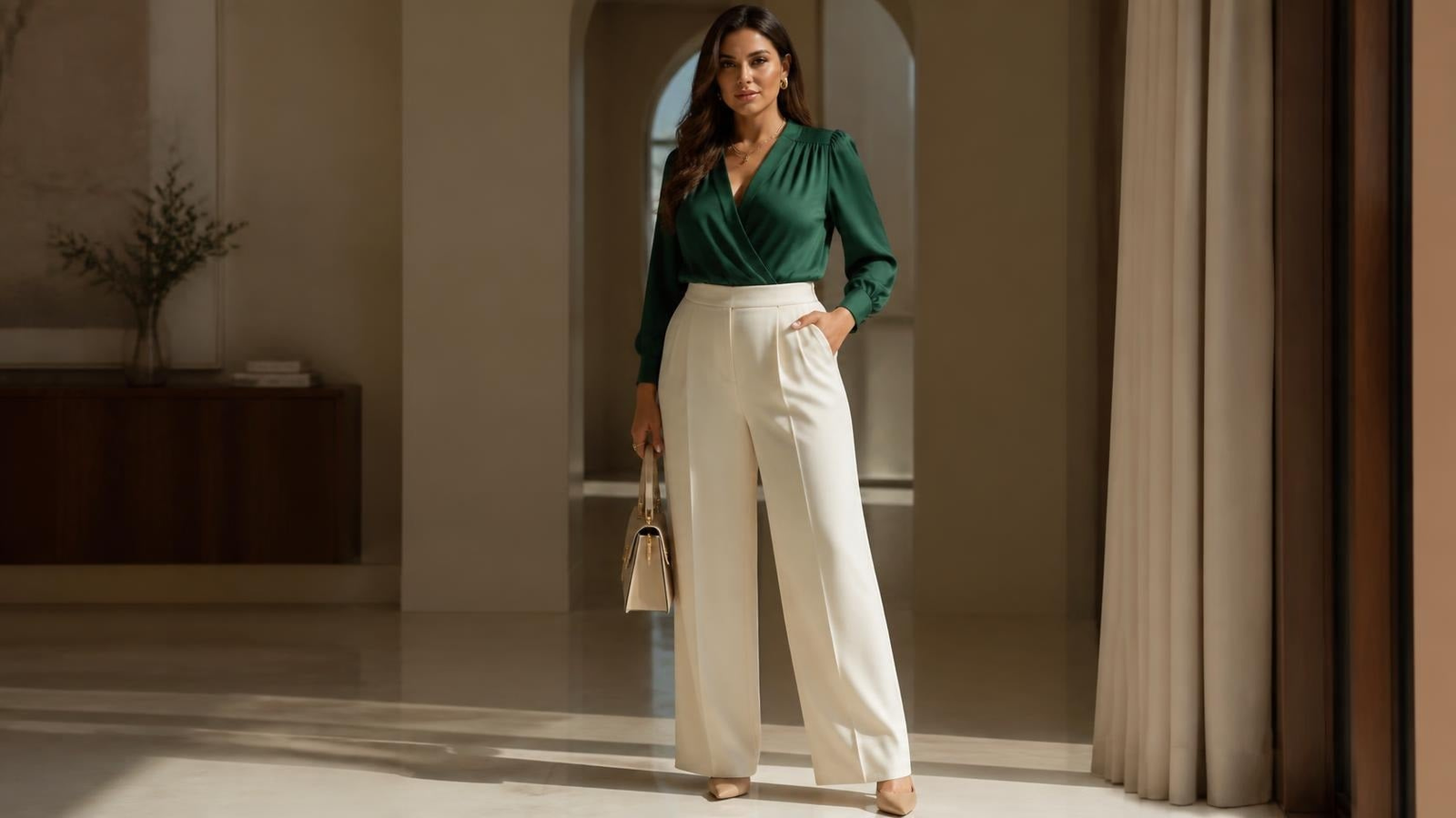 Stylish pear shaped body outfit with wrap blouse and high-waisted trousers