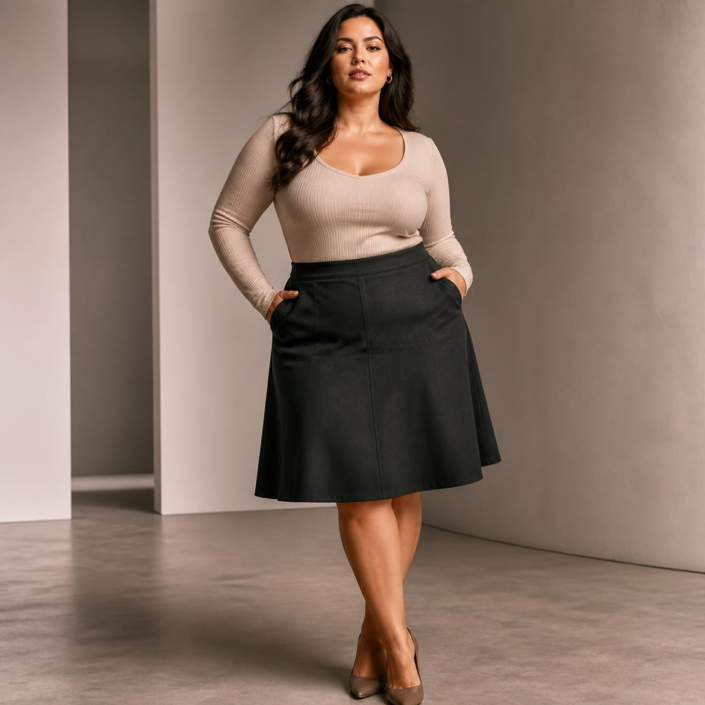Pear shaped body proportions showing narrower shoulders, defined waist and fuller hips