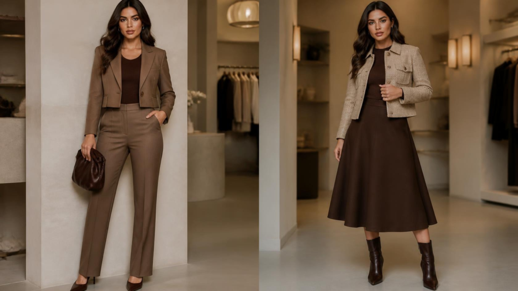 Structured jacket and A-line skirt outfit for a pear shaped body