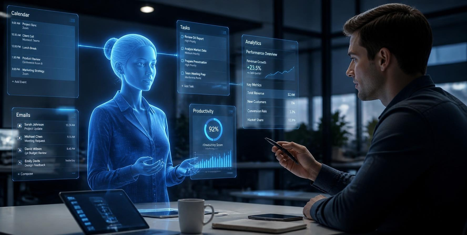 Illustration of a personal Agentic AI digital double helping automate daily productivity tasks in 2026.