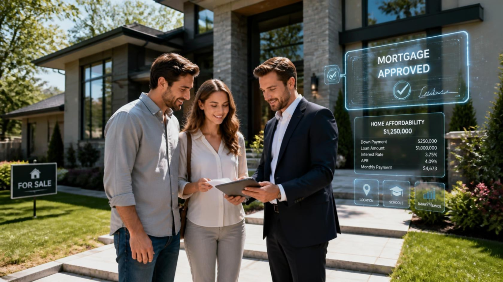 First-time homebuyers reviewing a home purchase with a real estate agent outside a modern house.
