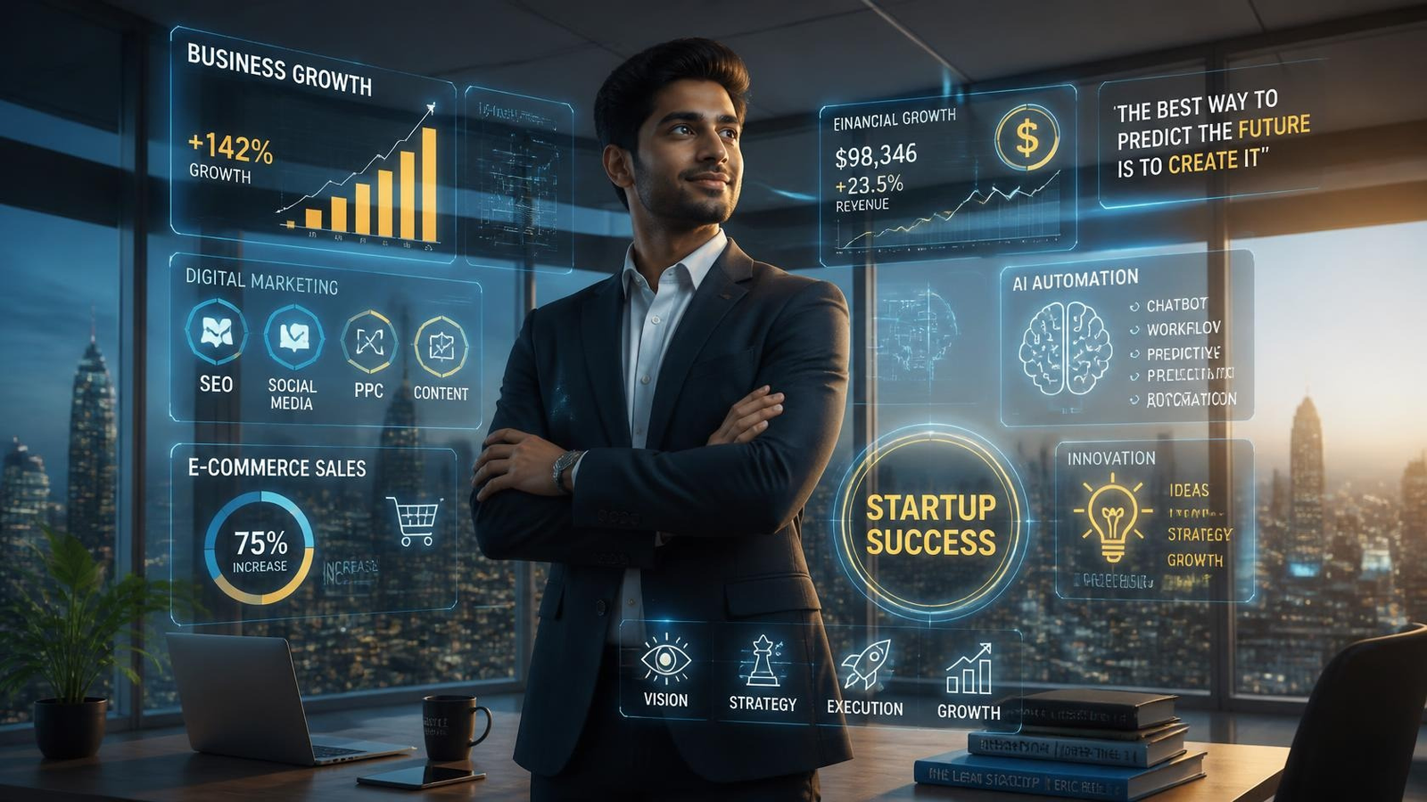 Modern entrepreneur building a startup business using technology and AI in 2026.