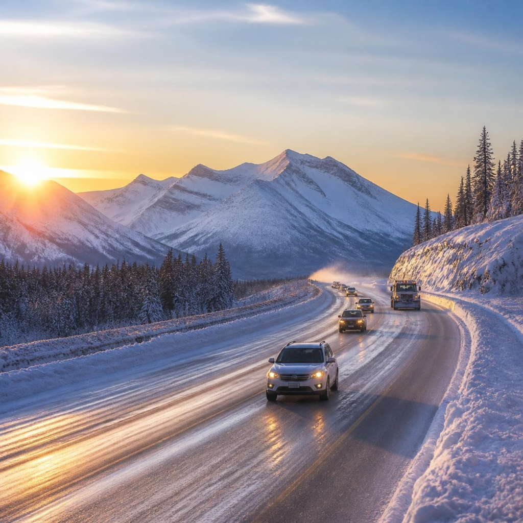 Snow-covered Alaska landscape with a cleared highway after a winter storm.