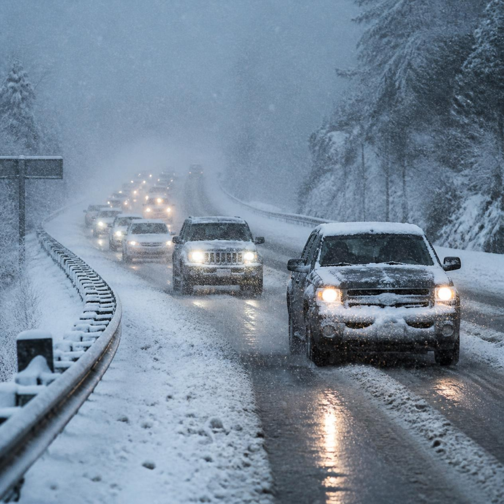 Vehicles driving carefully on an icy highway during heavy snowfall and poor visibility.