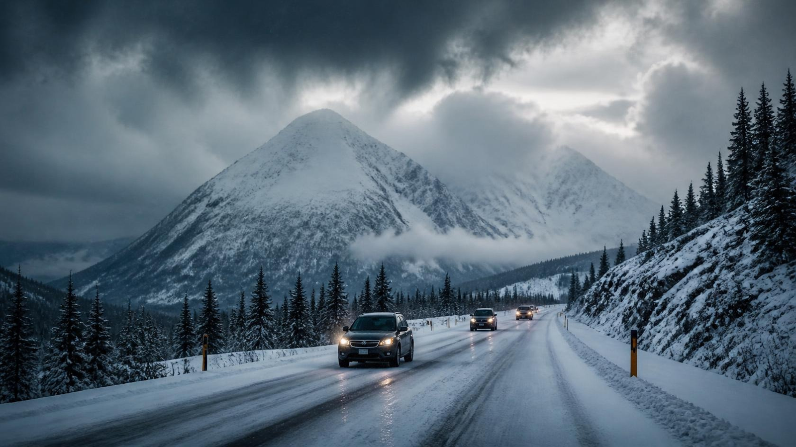 Snow-covered highway during a major winter storm warning with heavy snowfall, strong winds, and low visibility in the United States.