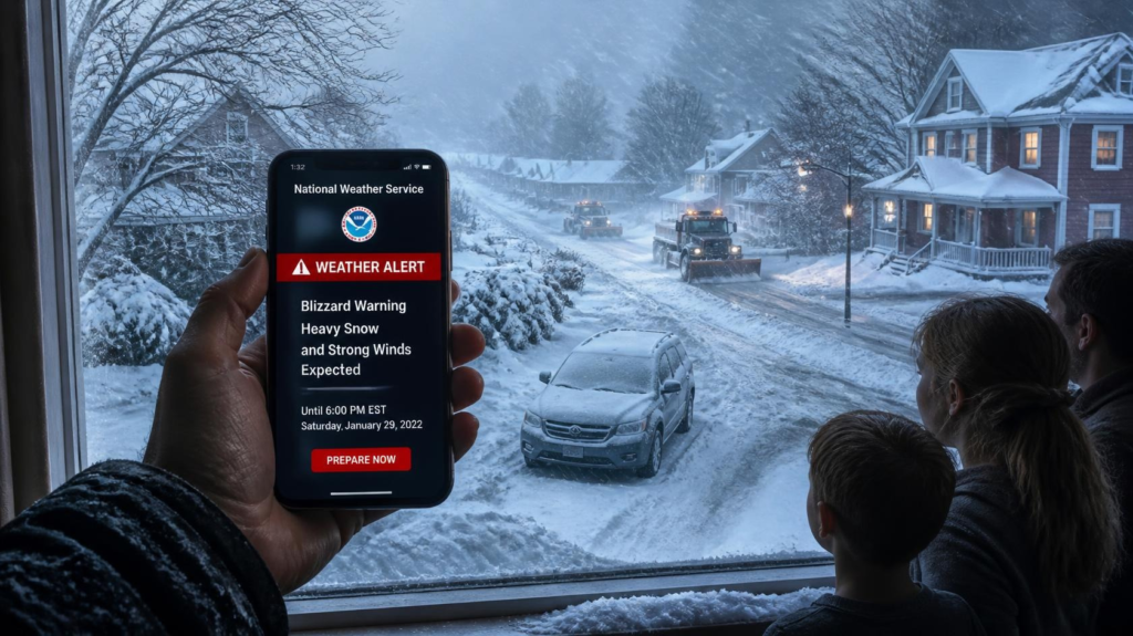 Winter Storm Warning weather alert before heavy snowfall in a residential neighborhood