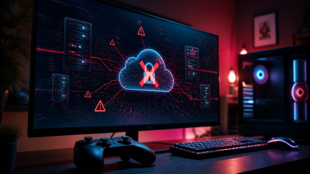 Gaming setup illustrating Xbox error 0x87e107df caused by server authentication issues.