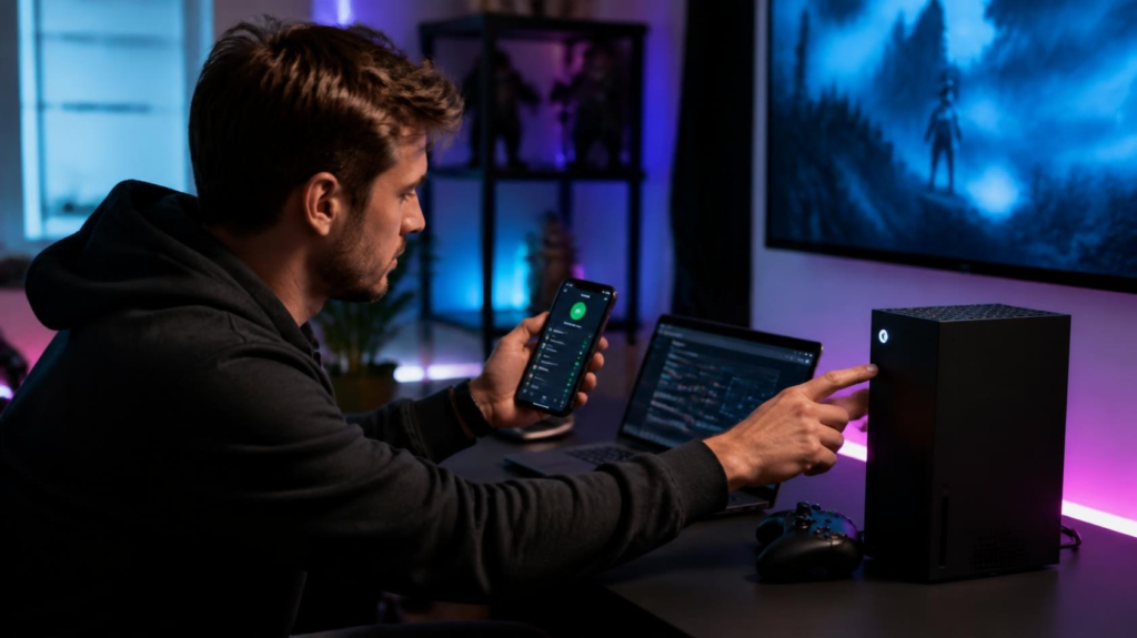 Gamer troubleshooting Xbox connection issues during an online server outage.