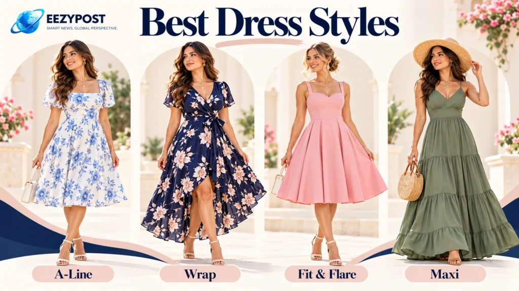 Four dresses for a pear shaped body showing A-line, wrap, fit-and-flare and maxi styles