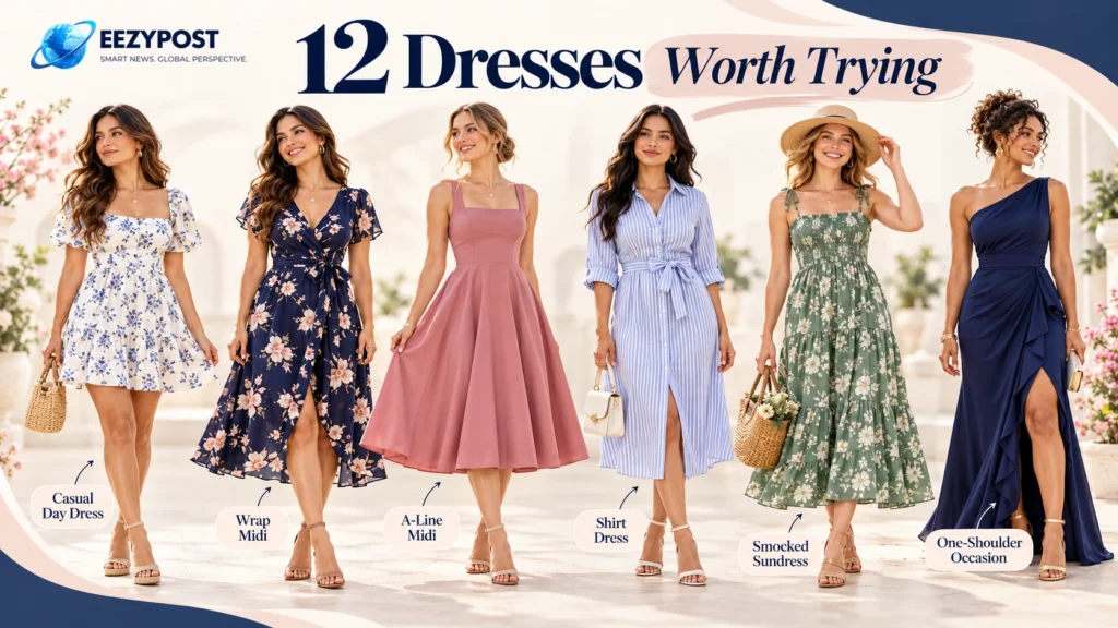 Six women wearing casual, wrap, A-line, shirt, smocked and one-shoulder dresses