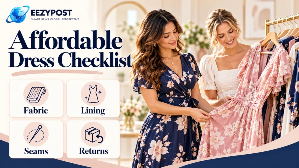 Two shoppers examining a pink floral dress beside fabric, lining, seams and returns checklist