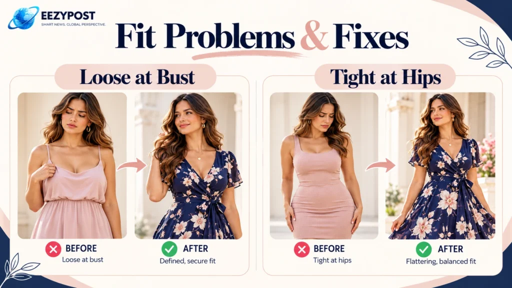 Before-and-after dress fit illustrations showing loose bust fabric and tight hips